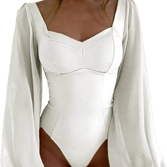Syydn Tops - Womens Square Neck Bodysuit with Puff Sleeves